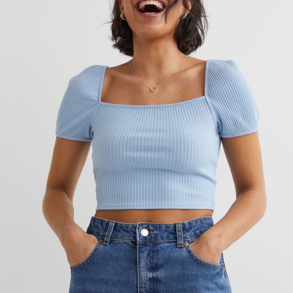 Women's H&M Light Blue Fitted Ribbed Crop Top NWT